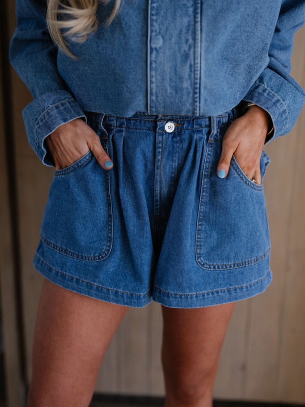 These Three High-Rise Denim Shorts in Medium Blue